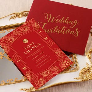 Faire-part de mariage chinois élégant avec pivoine florale or rouge, mariage oriental de luxe bilingue asiatique, double bonheur chinois