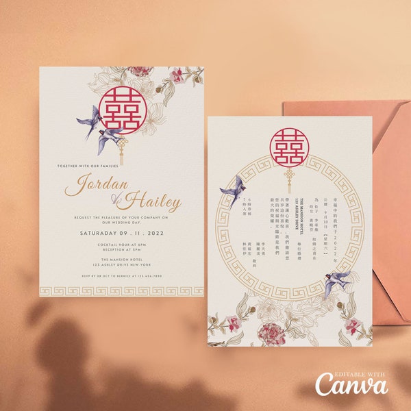Asian Theme Wedding Invitation Card Template, Chinese Wedding Card Printable Double Happiness 结婚请柬 Minimalist Love Bird Floral Wedding