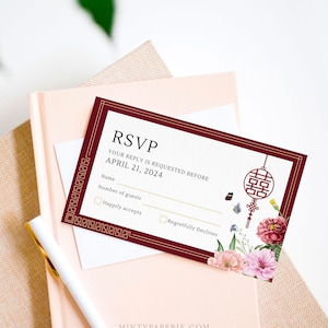 Chinese Wedding Invitation Card Template Bundle, Asian Wedding Card Double Happiness DIY Printable 结婚请柬 Oriental Burgundy Red Floral