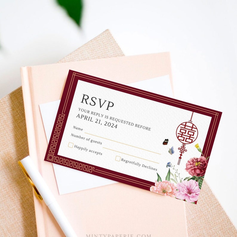 Chinese Wedding Invitation Card Template Bundle, Asian Wedding Card Double Happiness DIY Printable 结婚请柬 Oriental Burgundy Red Floral