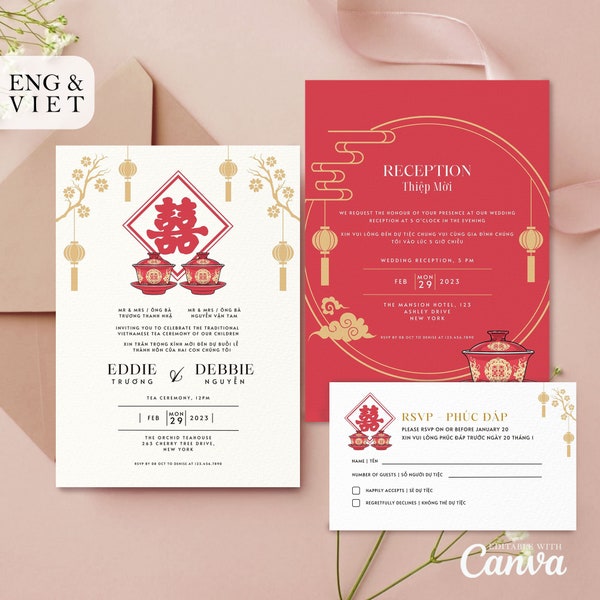 Vietnamese Tea Ceremony Wedding Bilingual Invitation Card with RSVP, Thiep Cuoi, Double Happiness American Vietnamese Wedding Response Card