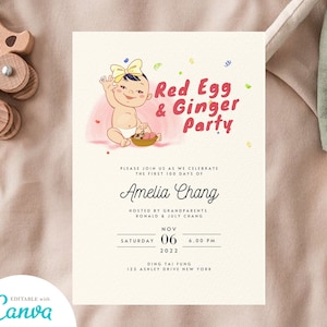 Red Egg and Ginger Party Invitation: Chinese Baby Girl 100 Days (DIY Printable Canva)