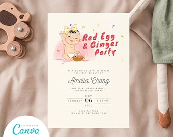 Red Egg and Ginger Party Invitation: Chinese Baby Girl 100 Days (DIY Printable Canva)