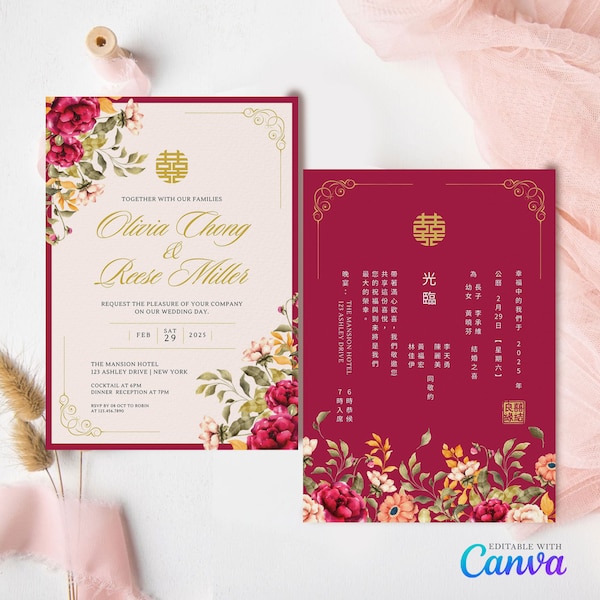 Chinese Wedding Invitation Card Template, Asian Wedding Card Double Happiness 结婚请柬 DIY Printable Oriental Burgundy Red Watercolor Floral