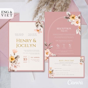 Modello di biglietto d'invito per matrimonio vietnamita, Thiep Cuoi bilingue inglese vietnamita, matrimonio vietnamita americano floreale rosa pastello da sogno