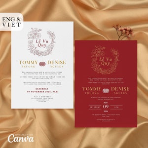 Vietnamesische Hochzeitseinladung Kartenvorlage, Teezeremonie Karte Thiep Cuoi, Amerikanisch-Vietnamesische Hochzeitskarte, Le Vu Quy Viet Einladung
