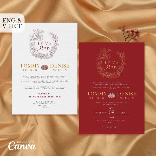 Vietnamese Wedding Invitation Card Template, Tea Ceremony Card Thiep Cuoi, American Vietnamese Wedding Card, Le Vu Quy Viet Invitation