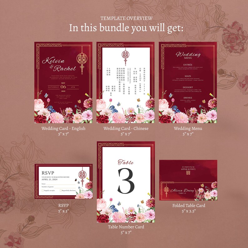 Chinese Wedding Invitation Card Template Bundle, Asian Wedding Card Double Happiness DIY Printable 结婚请柬 Oriental Burgundy Red Floral
