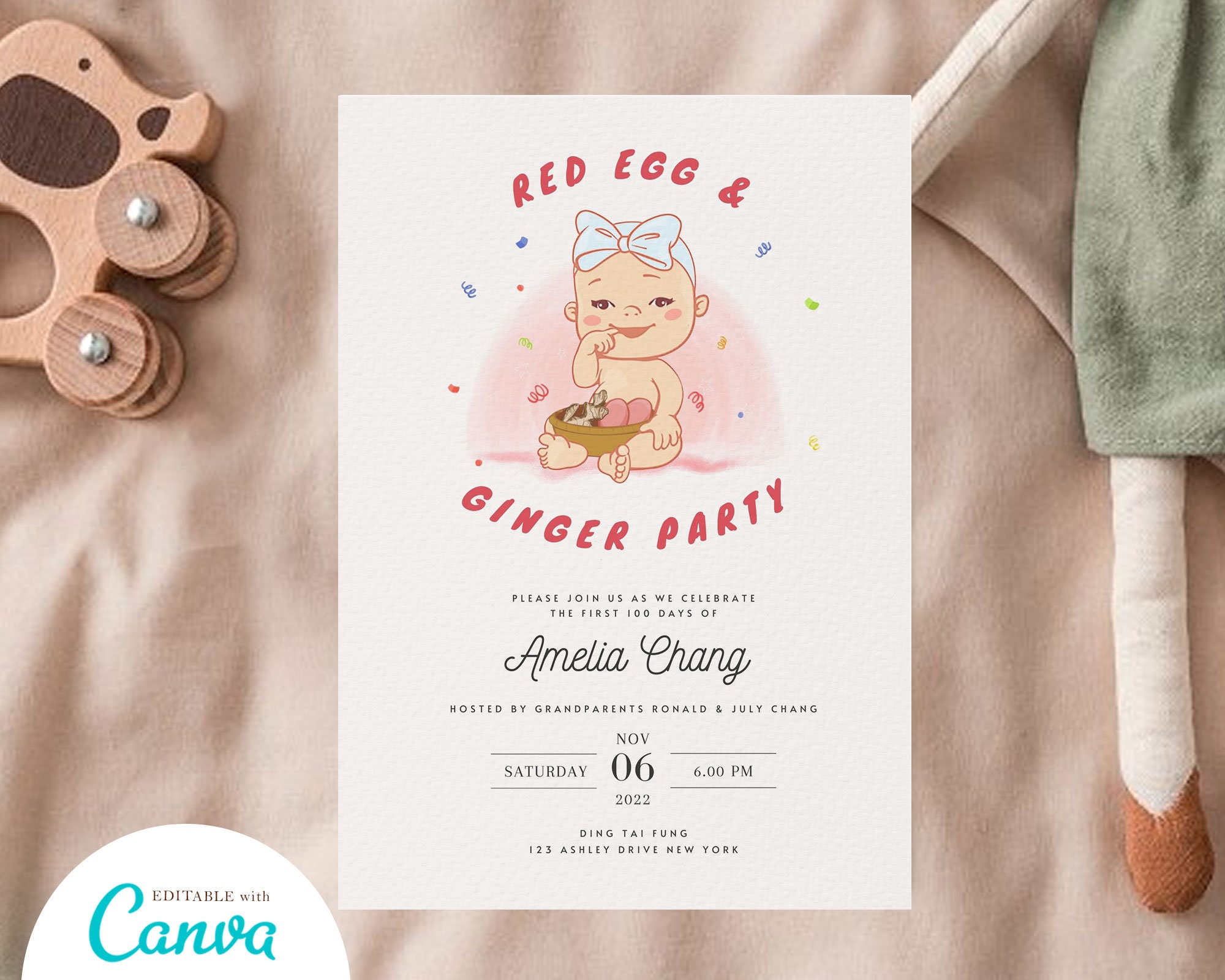 Red Egg and Ginger Party Invitation Card DIY Editable Printable