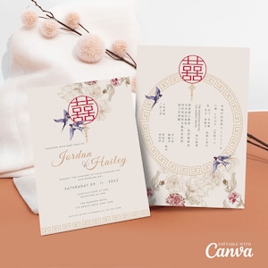 Asian Theme Wedding Invitation Card Bundle, Chinese Wedding Double Happiness 结婚请柬 Minimalist Love Bird Floral Wedding Mega Bundle image 3