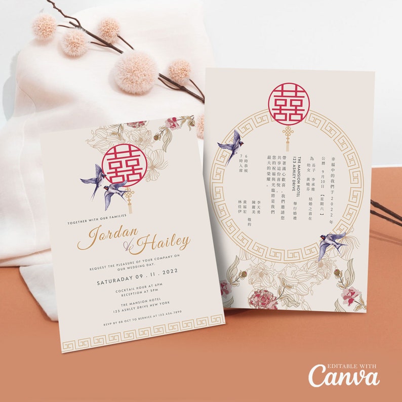 Asian Theme Wedding Invitation Card Bundle, Chinese Wedding Double Happiness 结婚请柬 Minimalist Love Bird Floral Wedding Mega Bundle image 3