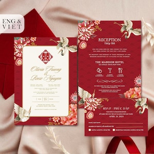 Tarjeta de invitación de boda vietnamita con plantilla RSVP, Thiep Cuoi bilingüe vietnamita americano, grullas florales de peonía de oro rojo oriental