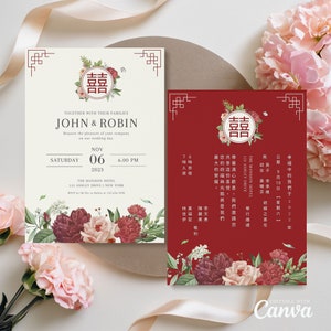 Chinesische Hochzeitseinladungskarte Vorlage, asiatische Hochzeitseinladungskarte DIY druckbar, Doppeltes Glück 结婚请柬, Rote Blumen orientalische Hochzeit