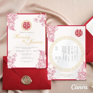 Modello di biglietto di invito per matrimonio cinese, biglietto di matrimonio asiatico stampabile Doppia felicità 结婚请柬 Matrimonio floreale rosso classico orientale