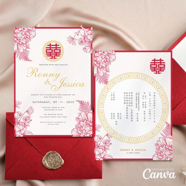 Chinese Wedding Invitation Card Template, Asian Wedding Card Printable Double Happiness 结婚请柬 Red Floral Wedding Classic Oriental