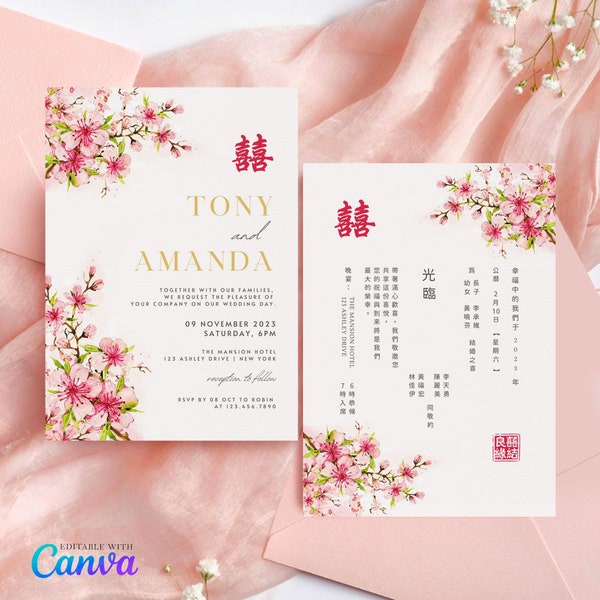 Chinese Wedding Invitation Card Template, Asian Wedding Card DIY Printable Double Happiness 结婚请柬 Minimalist Oriental Pink Red Cherry Blossom