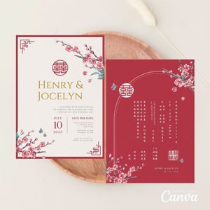 Orientalische chinesische Hochzeitseinladungskarte, asiatische Hochzeitskarte mit doppeltem Glück 结婚请柬 Rot Rosa Kirschblüte & Schmetterling