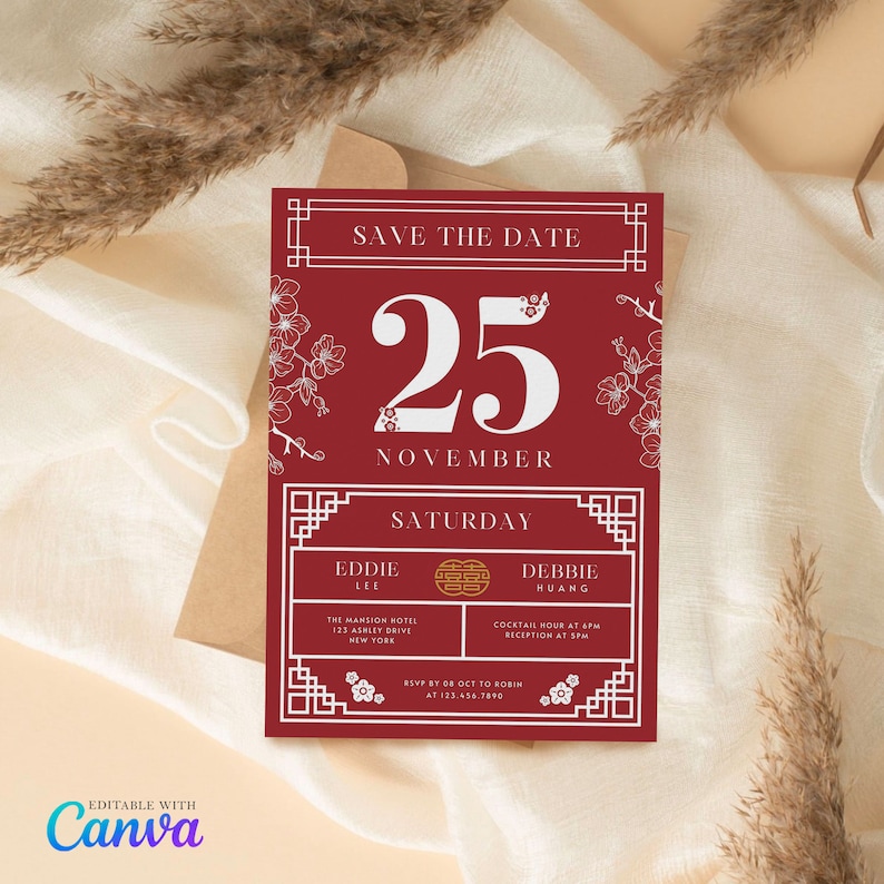 Chinese Calendar Wedding Invitation Card Template Asian Etsy
