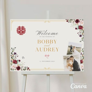 Sinal de boas-vindas de casamento chinês com foto, sinal de cerimônia de chá vietnamita, impressão DIY, felicidade dupla com floral oriental rosa borgonha