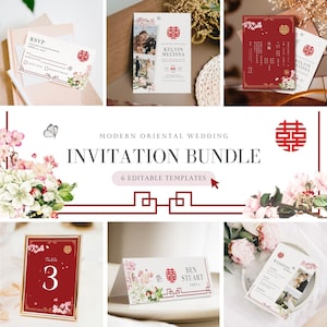 Pacote de modelo de cartão de convite de casamento chinês, cartão de casamento oriental asiático para impressão DIY, felicidade dupla 结婚请柬, flor de cerejeira rosa vermelha