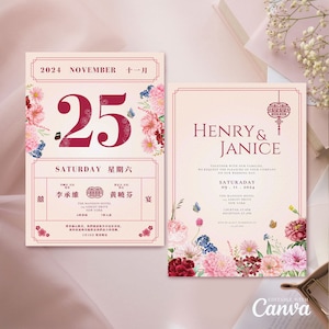 Chinesischer Kalender Hochzeitseinladung Kartenvorlage, zartes romantisches rosa asiatisches Hochzeitseinladung DIY druckbares, doppeltes Glück !!