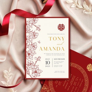 Chinese Wedding Invitation with Red Gold Peony Floral, Asian Bilingual Classic Chinese Oriental Wedding, Chinoiserie Double Happiness 结婚请柬