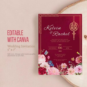 Chinese Wedding Invitation Card Template Bundle, Asian Wedding Card Double Happiness DIY Printable 结婚请柬 Oriental Burgundy Red Floral