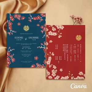 Chinesische Hochzeitseinladung Kartenvorlage, Asiatische Hochzeitseinladung DIY Druckbare Doppeltes Glück 结婚请柬 Orientalische Marine Blau Rote Kirschblüte