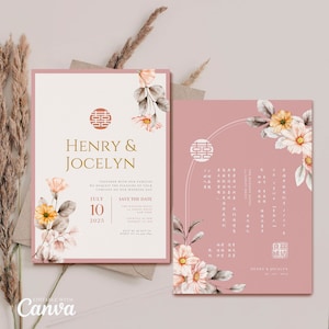 Modello di biglietto di invito per matrimonio cinese, biglietto di matrimonio asiatico Double Happiness 结婚请柬 Dusty Pink Watercolor Floral Oriental Bilingual Invites