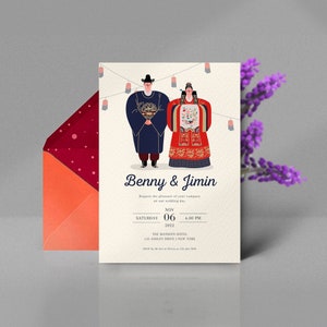 Modelo de cartão de convite de casamento tradicional coreano, cartão de casamento coreano americano, diy editável para impressão com canva casamento coreano moderno