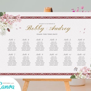 Modello di tabellone per grafici dei posti a sedere per matrimoni a tema asiatico, modello in tela stampabile, matrimonio vietnamita cinese floreale floreale di ciliegio asiatico rosso rosa