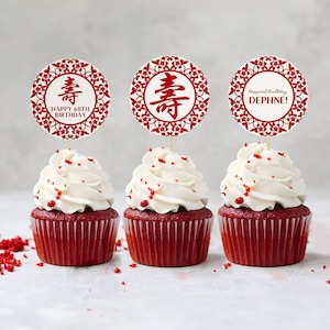 Topper per cupcake compleanno cinese longevità modificabile fai da te stampabile con Canva, etichetta per bomboniere compleanno orientale, adesivi rossi longevità