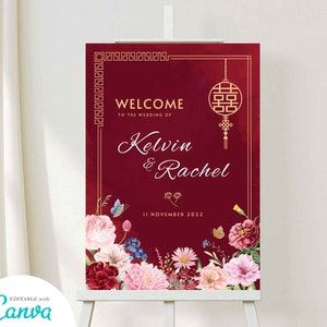 Insegna di benvenuto per matrimonio asiatico, insegna della cerimonia del tè cinese vietnamita, CANVA stampabile fai-da-te, insegna di benvenuto rossa orientale doppia felicità