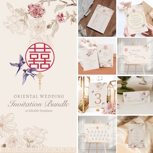 Asian Theme Wedding Invitation Card Bundle, Chinese Wedding Double Happiness 结婚请柬 Minimalist Love Bird Floral Wedding Mega Bundle image 1