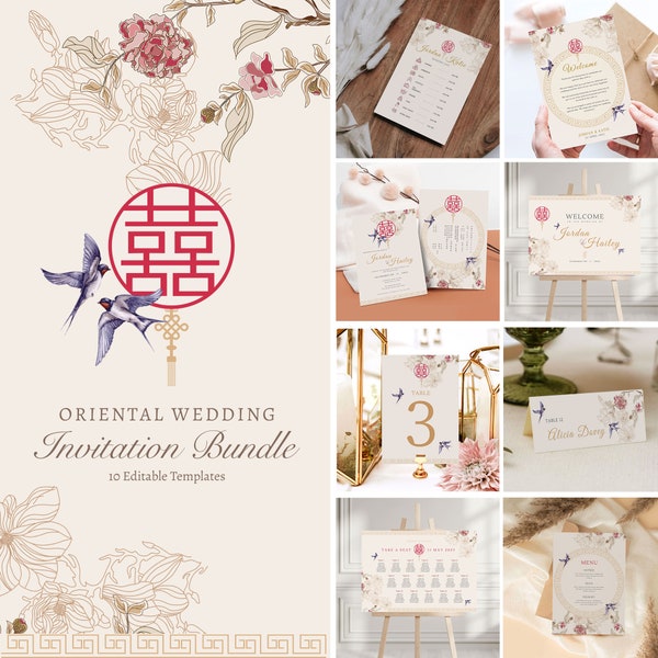 Asian Theme Wedding Invitation Card Bundle, Chinese Wedding Double Happiness 结婚请柬 Minimalist Love Bird Floral Wedding Mega Bundle