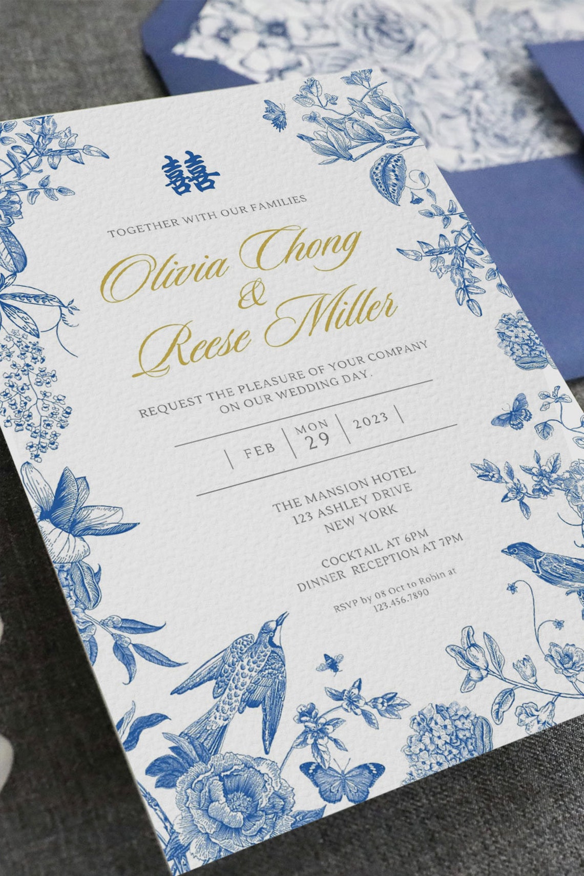 Blue Chinoiserie Wedding Invitation Card Template Asian - Etsy