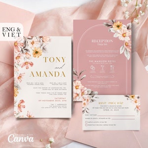 Plantilla de tarjeta de invitación de boda vietnamita, Thiep Cuoi bilingüe vietnamita inglés, boda vietnamita americana rosa pastel de ensueño floral