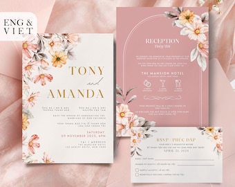 Vietnamese Wedding Invitation Card Template, English Vietnamese Bilingual Thiep Cuoi, American Vietnamese Wedding Pink Dreamy Pastel Floral