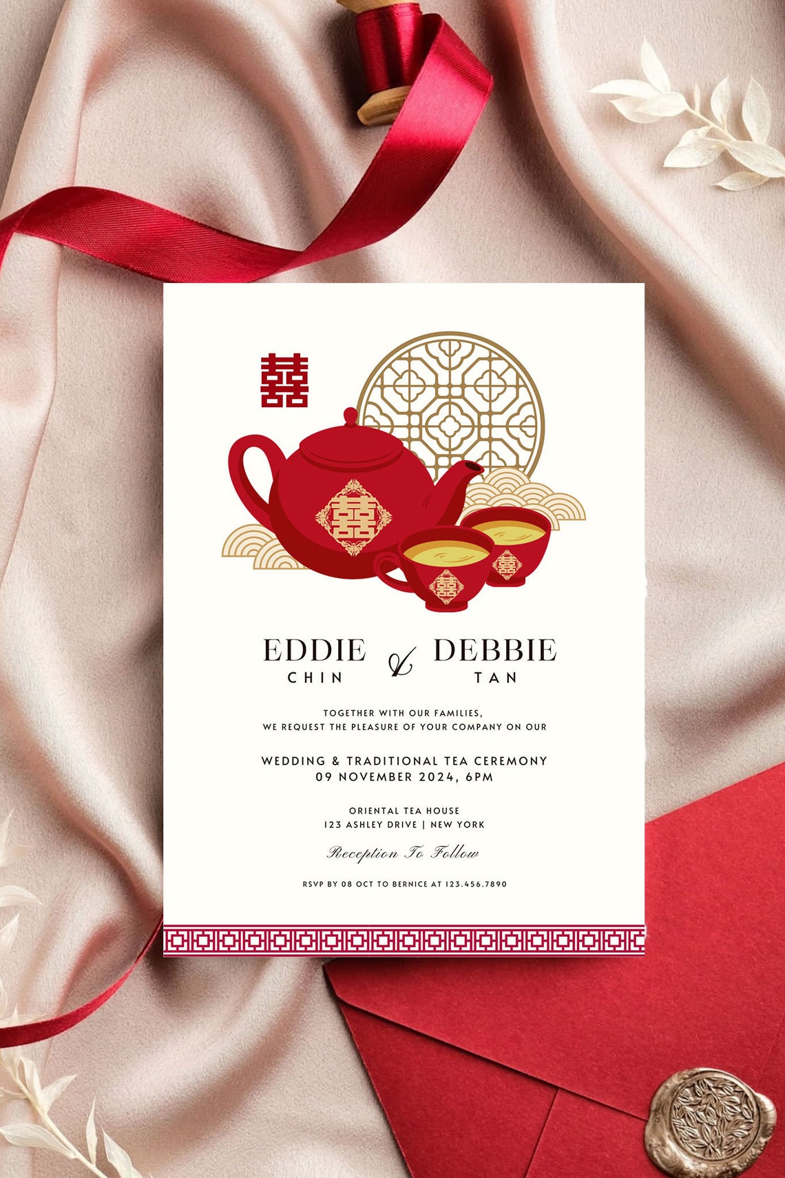 Chinese Tea Ceremony Invitation Card Asian Double Happiness Etsy