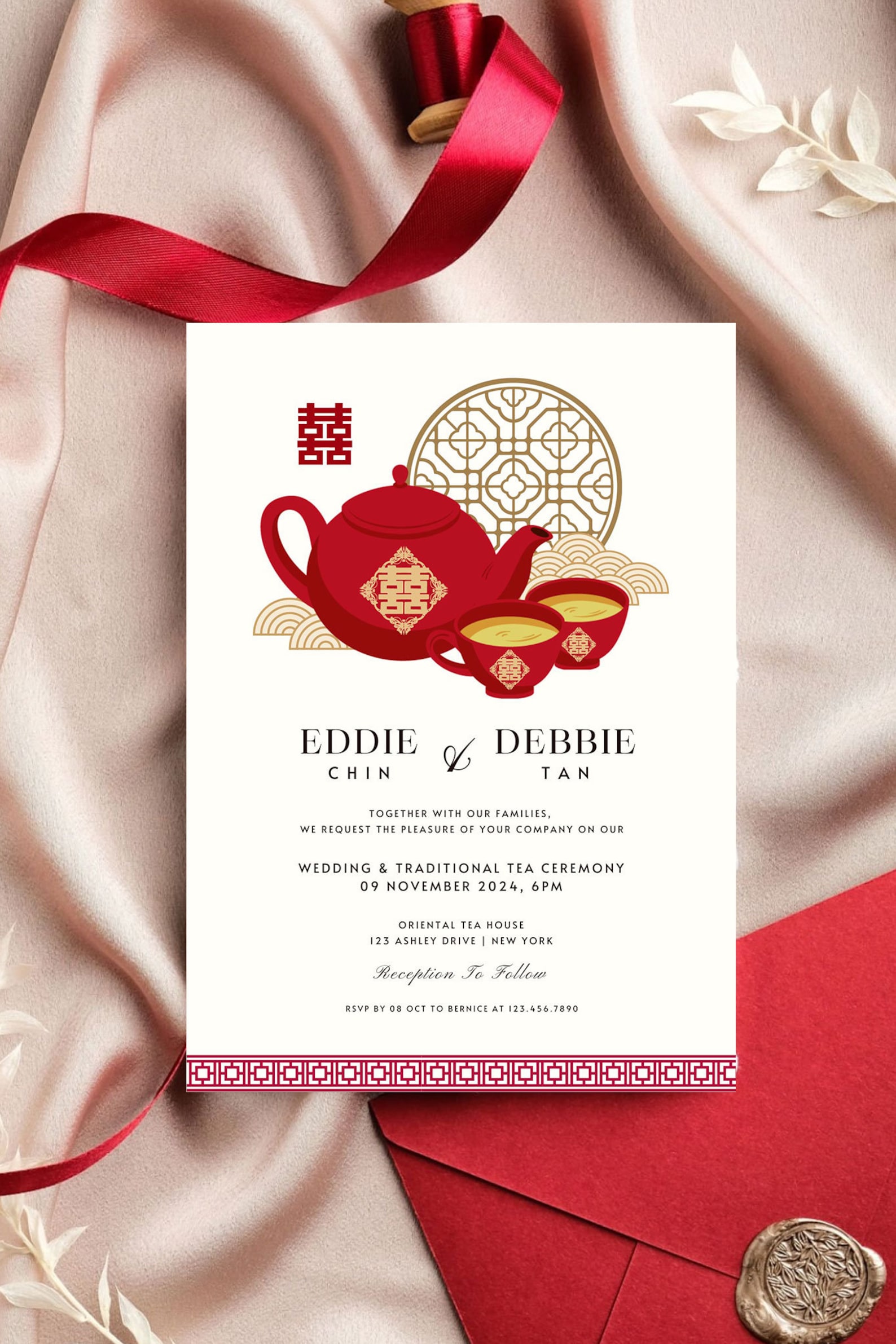 Chinese Tea Ceremony Invitation Card Asian Double Happiness Etsy