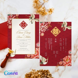 Chinoiserie Chinesische Hochzeit Einladungskarte Vorlage, Asiatische Hochzeitskarte DIY druckbare Doppeltes Glück 结婚请柬 Burgund Rot Floral mit Kranichen