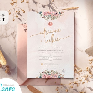 Amerikanisch-Vietnamesische Hochzeitseinladungskartenvorlage, Vietnamesische Teezeremonie-Karte Thiep Cuoi, Rosa Zweisprachige Hochzeitskarte mit Blumenmuster