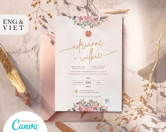 American Vietnamese Wedding Invitation Card Template, Vietnamese Tea Ceremony Card Thiep Cuoi, Pink Floral Bilingual Wedding Card