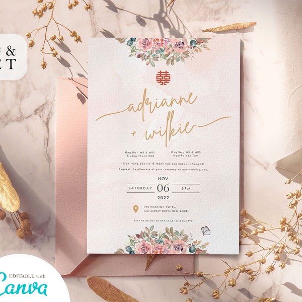 American Vietnamese Wedding Invitation Card Template, Vietnamese Tea Ceremony Card Thiep Cuoi, Pink Floral Bilingual Wedding Card