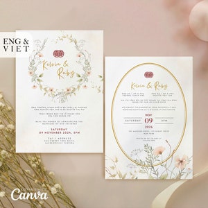 ベトナムの結婚式招待状テンプレート、ティーセレモニーカード Thiep Cuoi、アメリカのベトナムの結婚式カード、ミニマリストのピンクの野生の花