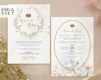 Vietnamese Wedding Invitation Card Template, Tea Ceremony Card Thiep Cuoi, American Vietnamese Wedding Card, Minimalist Pink Wild Flower