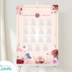 Modello di tabellone per la tabella dei posti a sedere per matrimoni cinesi per la tabella di assegnazione dei posti a sedere per matrimoni asiatici e vietnamiti stampabile Double Happiness Pink Floral