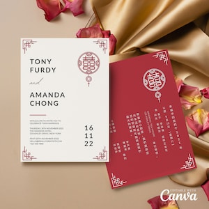 Chinesische Hochzeit Einladung Karte Vorlage, asiatische Hochzeitskarte DIY druckbare Doppel Glück ♥ ♥ genug für die orientalische minimalistische rote Hochzeitseinladung ♥