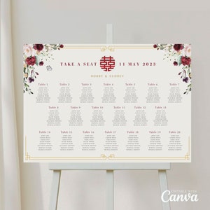 Modelo de placa de gráfico de assentos de casamento asiático para vietnamita chinês, gráfico de atribuição de assentos orientais para impressão em Canva Double Happiness Floral