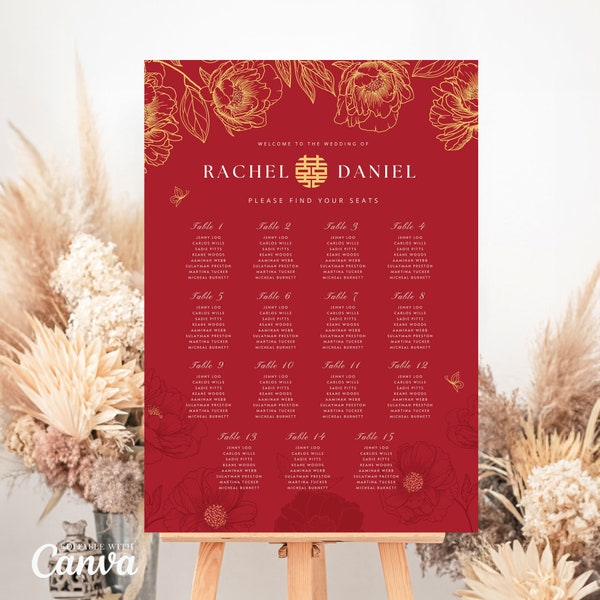 Oriental Chinese Wedding Seating Chart Board Template, Vietnamese Seating Assignment Chart, Red Gold Floral Butterfly DIY Canva Printable